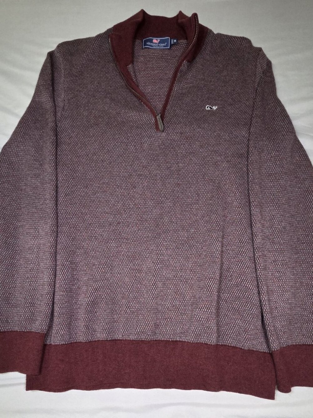 Vineyard Vines Burgundy Gray Micro Check Quarter Zip Sweater Mens M